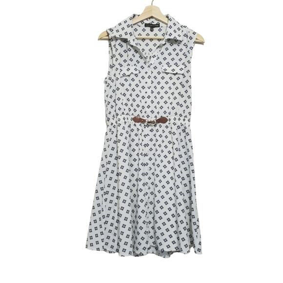 Always Indigo | Petite Geometric Pattern Button Front Short Sleeve Shirt Dress - Picture 1 of 8